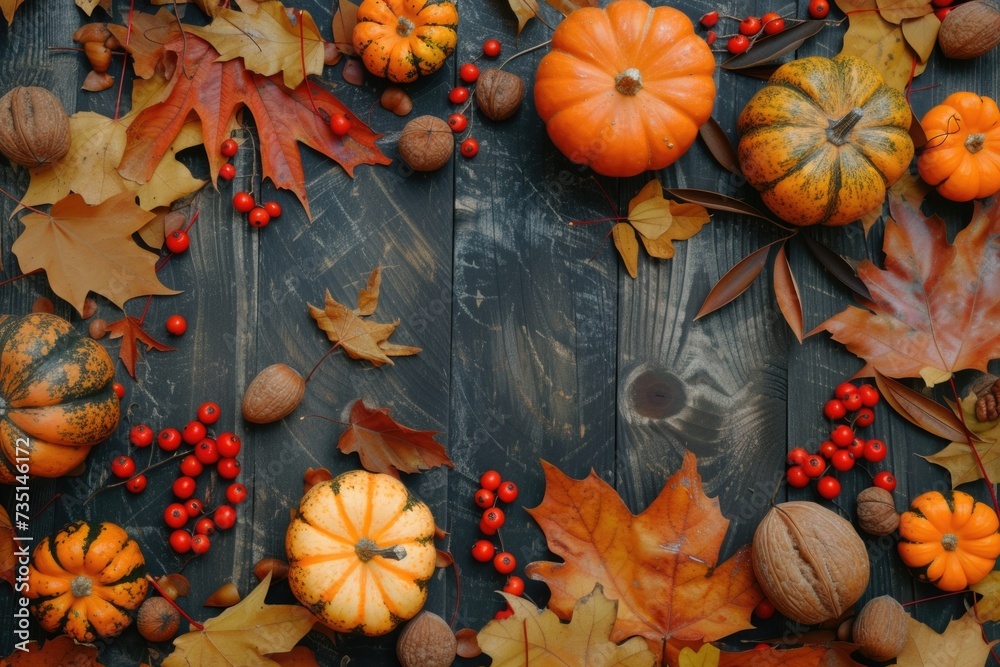 Poster a collection of various types of pumpkins displayed on a rustic wooden table. perfect for autumn-the
