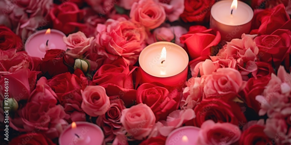 Poster a group of candles surrounded by red roses. perfect for romantic occasions or creating a cozy ambian