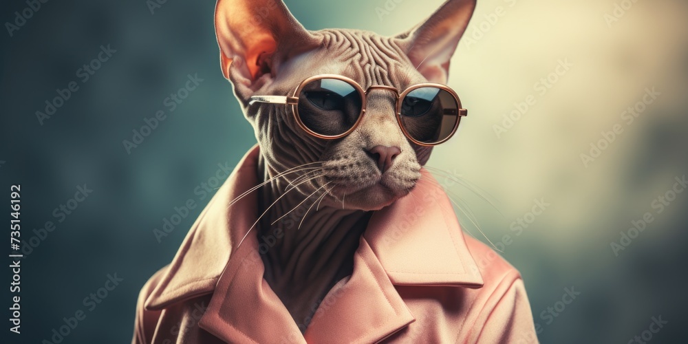 Poster a cat wearing sunglasses and a pink coat. perfect for adding a touch of style and humor to any proje