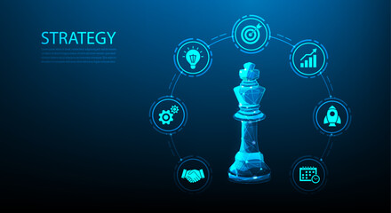 business strategy chess technology on blue background. planning success concept with element icon. vector illustration fantastic hi-tech design