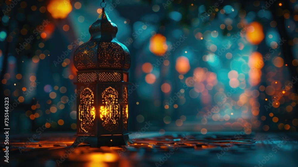 Poster a brightly illuminated lantern placed on a table. suitable for various purposes