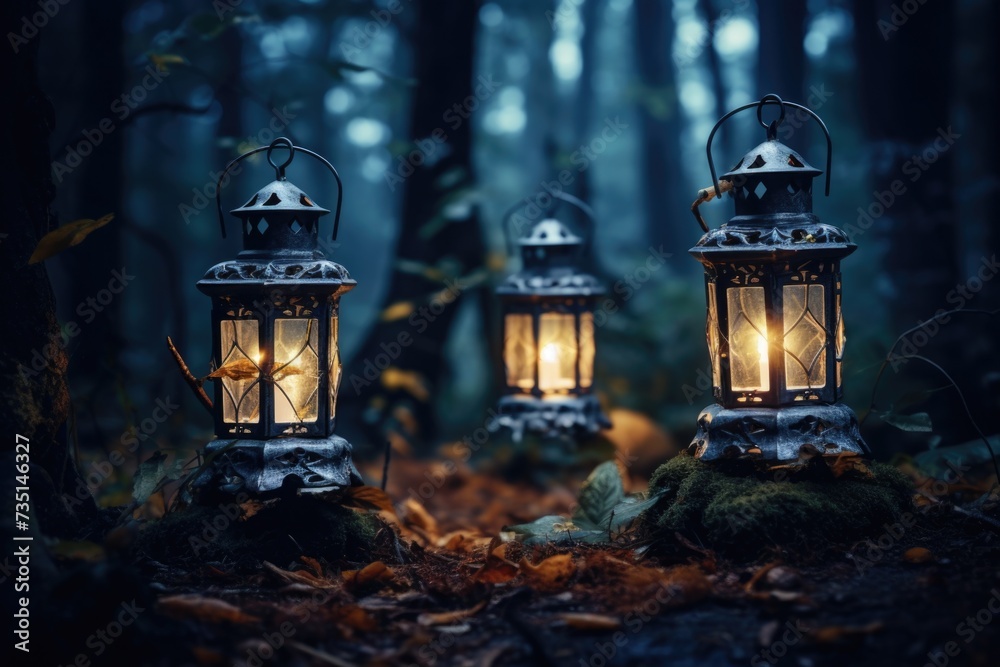 Poster Three lanterns are illuminated in the darkness of the woods. Perfect for creating a mysterious and enchanting atmosphere.