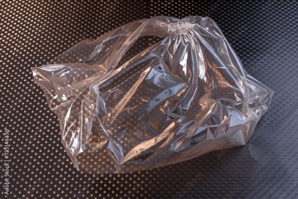 Poster a plastic bag sitting on top of a table. suitable for various uses