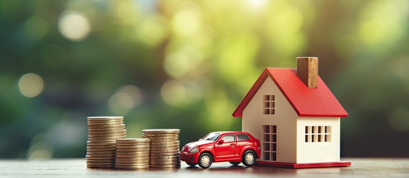 miniature house and red car on stack of coin with sale word on wood cube blurred senior people holding smart phone in soft focus. Creative Banner. Copyspace image
