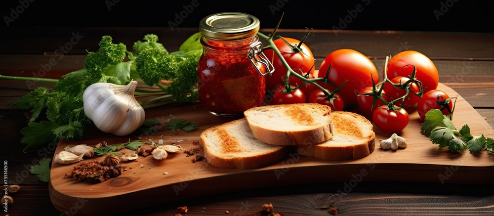 Canvas Prints Slices of bread with a tomato paste parsley and tomatoes with garlic on a kitchen board. Creative Banner. Copyspace image