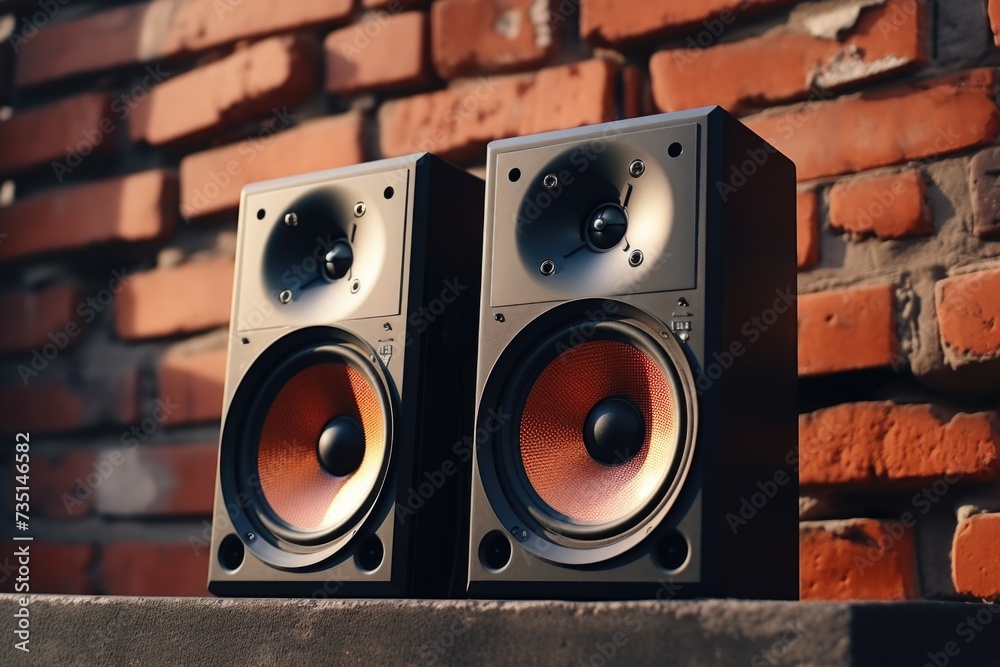 Poster a pair of speakers sitting on top of a table. suitable for music and audio-related projects