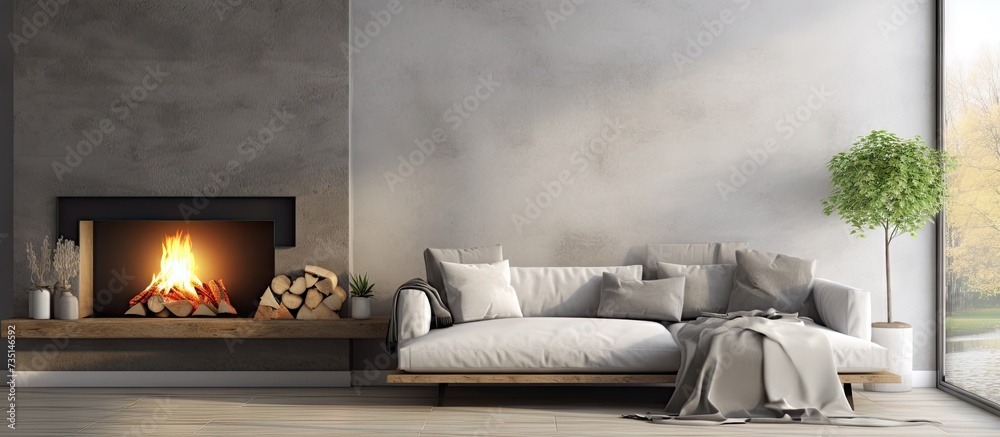 Aufkleber white light living room with l shaped couch with colorful cushions and fireplace with granite shelf 