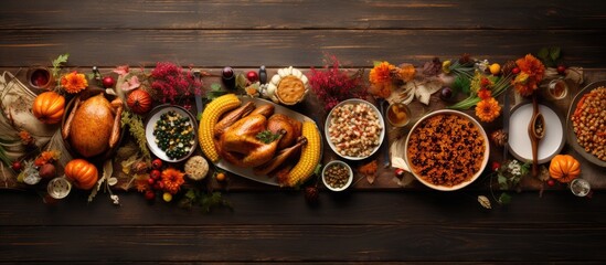 Thanksgiving traditional dinner table close up Top view of the classic Thanksgiving food Festive food on the table from above Pilgrim cuisine with stuffed turkey apple pie and pumpkin pie - obrazy, fototapety, plakaty