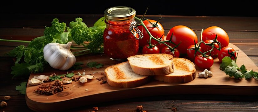 Slices of bread with a tomato paste parsley and tomatoes with garlic on a kitchen board. Creative Banner. Copyspace image