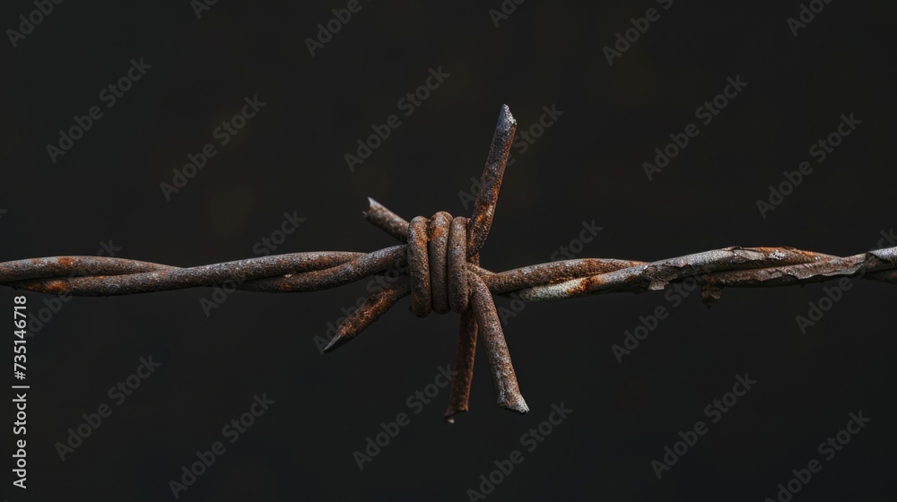 Poster a detailed view of a barbed wire fence, commonly used for security purposes. suitable for illustrati