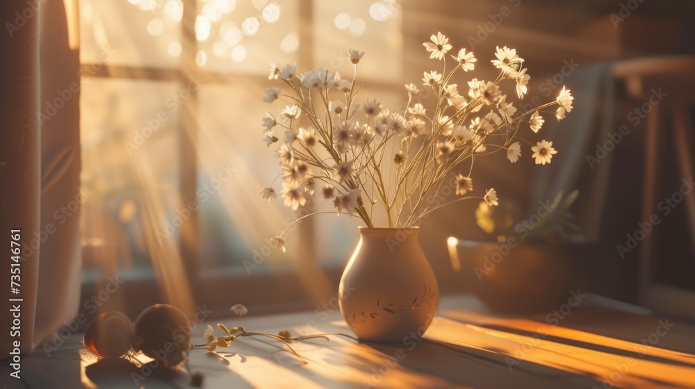 Poster a vase of flowers sitting on a table in front of a window. suitable for home decor or floral arrange