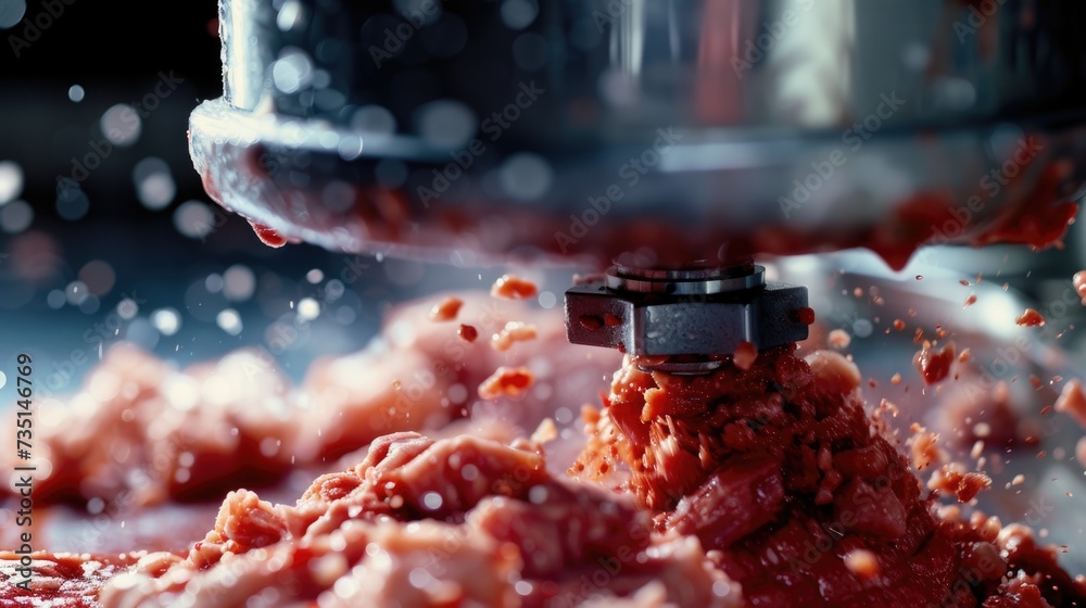 Aufkleber Close up view of a meat processing machine in action. Perfect for illustrating the meat industry or food processing.