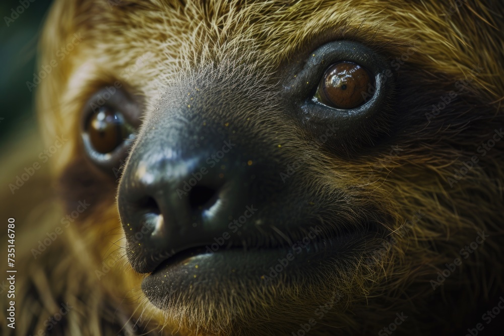 Aufkleber A detailed close-up view of a sloth's face with a blurred background. This image can be used to depict the unique features and expressions of sloths.