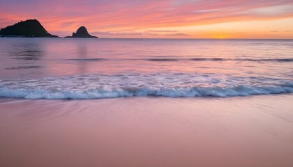 A vertical image of a tide on the beach over the sand during a colorful sunset with the islands - obrazy, fototapety, plakaty