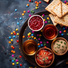 delightful array of food presented on a plate. The plate holds a variety of baked goods and crackers with drinks. A Plate Of Food And Crackers. A Bowl Of Red Sauce. A Bowl Of Red Beans. A Bowl Of Food