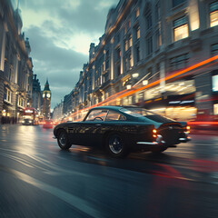 a vintage car escaping high speed in a street of London  
