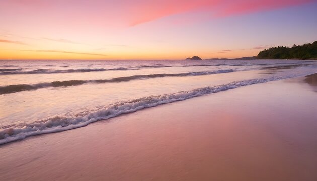 A vertical image of a tide on the beach over the sand during a colorful sunset with the islands