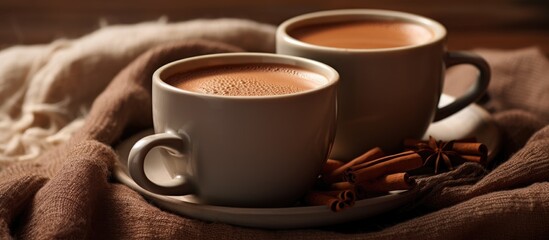 Two cups of hot chocolate on burlap close up. Creative Banner. Copyspace image