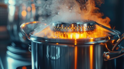 A pot with steam billowing out, creating an enticing aroma. Perfect for food and cooking related...