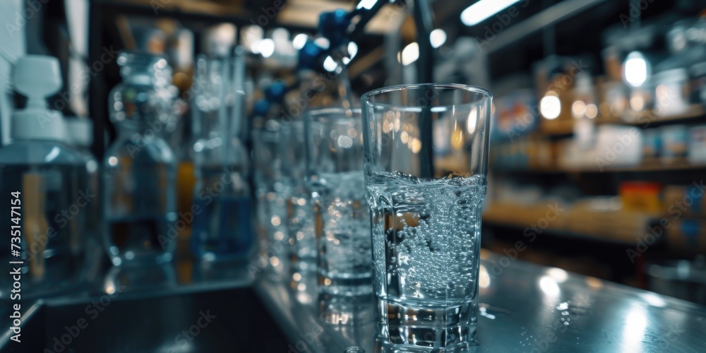 Poster a close-up view of a glass of water sitting on a bar. this image can be used to depict refreshment, 