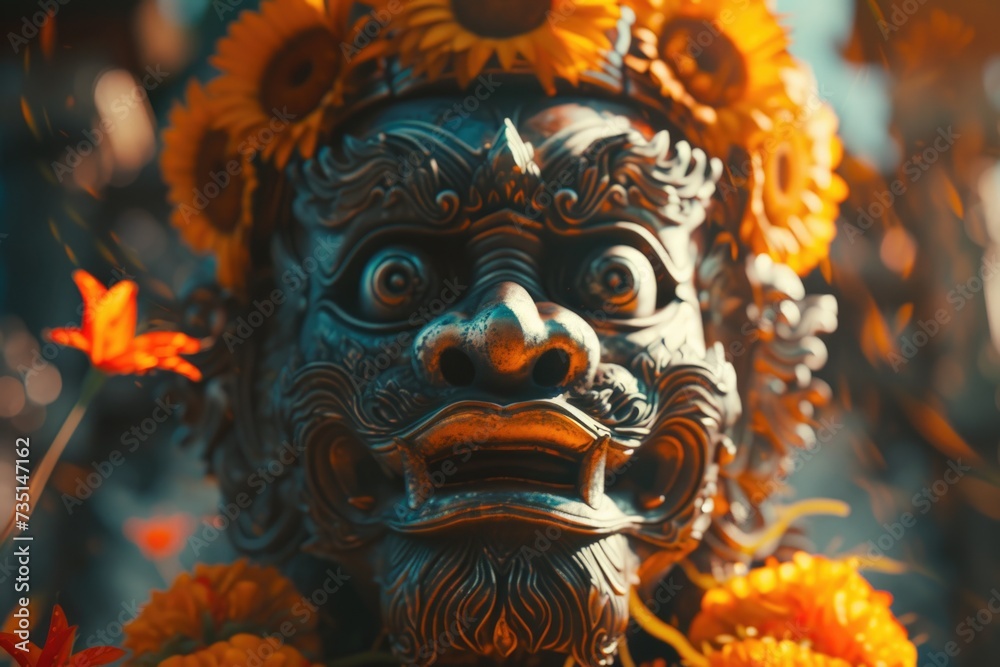 Poster A close-up view of a statue surrounded by beautiful flowers. This image can be used to represent art, nature, or memorial themes