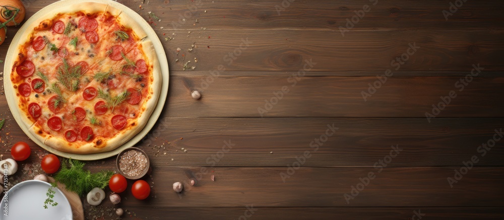 Poster top view pizza pasta with tomato sauce and salad bowl on rustic table. creative banner. copyspace im