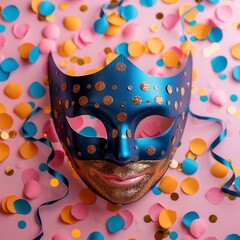 Happy Purim carnival. Carnival mask for Mardi Gras celebration on pink background banner design with copy space, jewish holiday, Purim in Hebrew holiday carnival ball, Venetian mask. Purim party