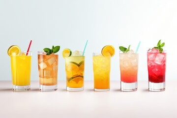 Colorful set of summer cocktails on white background.