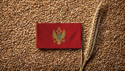 Grains wheat with Montenegro flag, trade export and economy concept. Top view.