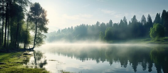 Naklejka na ściany i meble Misty morning on the lake in the forest Beautiful summer landscape. Creative Banner. Copyspace image