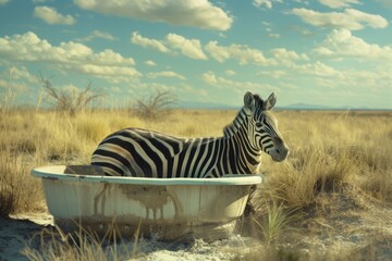 A unique and unexpected scene of a zebra sitting in a bathtub in a field. Perfect for adding a touch of whimsy to your designs or creating a conversation starter
