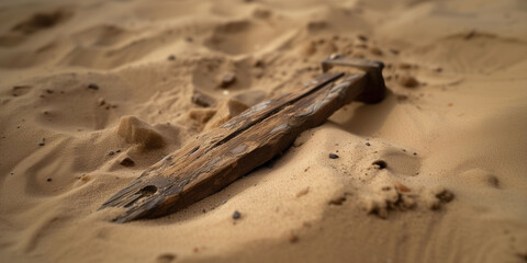 Old wooden tent peg laying on sand