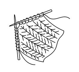 Knitting element linear. Knitting and needlework, handmade. Threads with needles. Graphic element for website. Poster or banner. Outline flat vector illustration isolated on white background