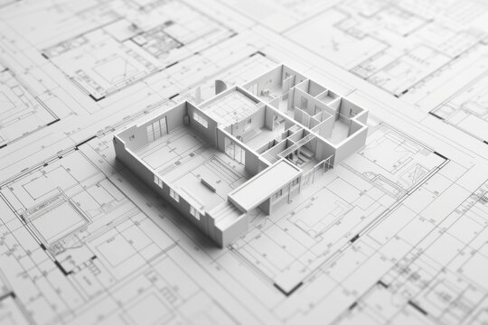 A model of a house placed on top of blueprints. Suitable for architectural projects and real estate concepts