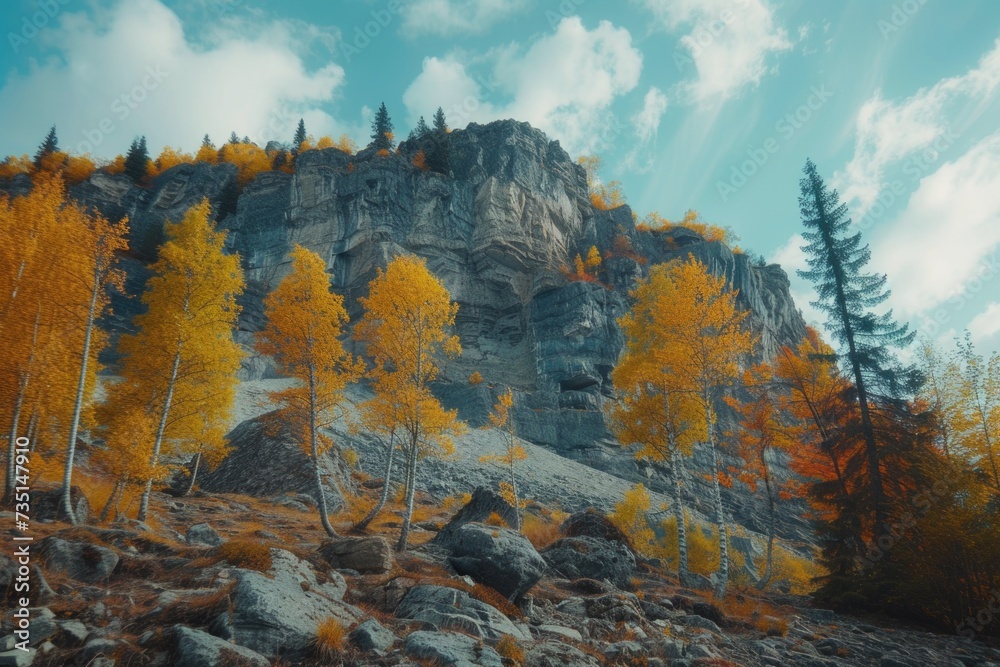 Poster A picture of a mountain with a cluster of trees on its summit. Suitable for nature and landscape themes