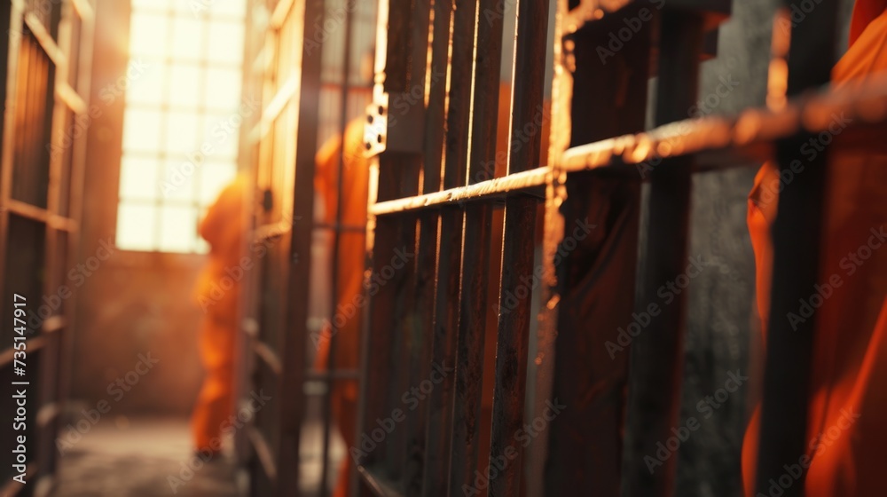 Poster a prison cell with a person in the background. suitable for crime or justice related themes