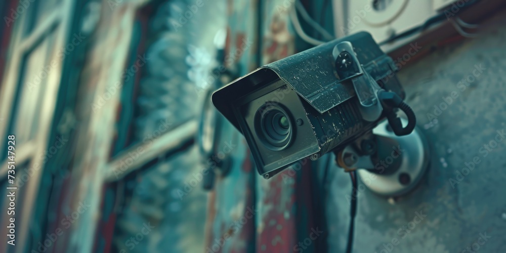 Poster A camera is mounted to the side of a building, providing surveillance and monitoring capabilities. This image can be used to illustrate concepts such as security, technology,