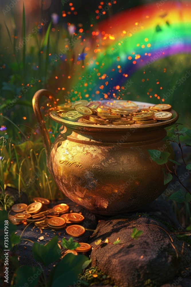 Poster a pot of gold sitting on top of a pile of coins. suitable for financial concepts and wealth-related 