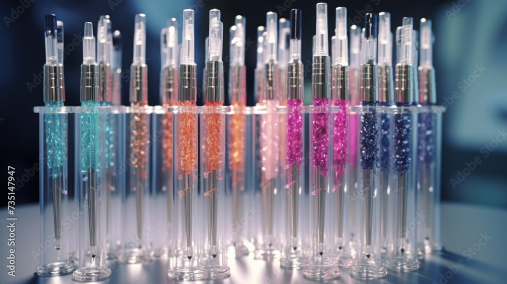 Poster A detailed view of a collection of bottles filled with various liquids. This image can be used to showcase a range of products or for illustrating laboratory experiments