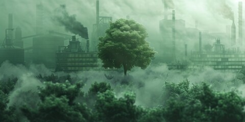 A picture of a tree standing in front of a factory with smoke billowing out of its chimneys. This image can be used to depict industrial pollution or the contrast between nature and human activities