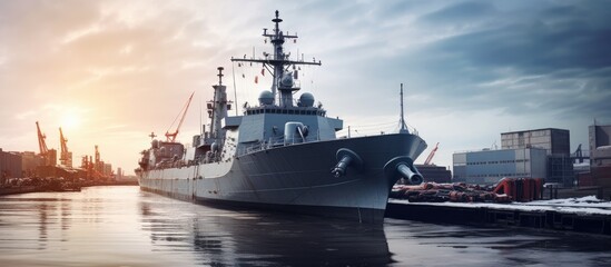 The military ship was waiting to be repair moored alongside in shipyard near floating dock on blue sky. Creative Banner. Copyspace image - obrazy, fototapety, plakaty