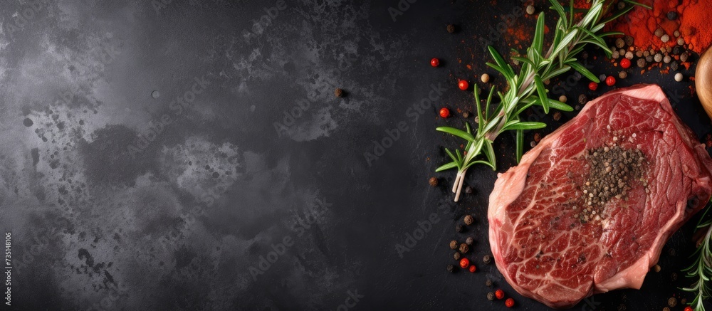 Poster steak ribeye black angus medium rare beef with spice vertical image top view place for text. creativ