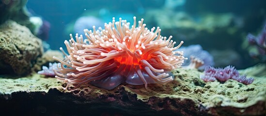 Naklejka na ściany i meble Red Beadlet Anemone sticking to a glass window in an aquarium in Copenhagen Close view at beautiful marine biology Beautiful creature in captivity in a tank underwater Wildlife species closeup