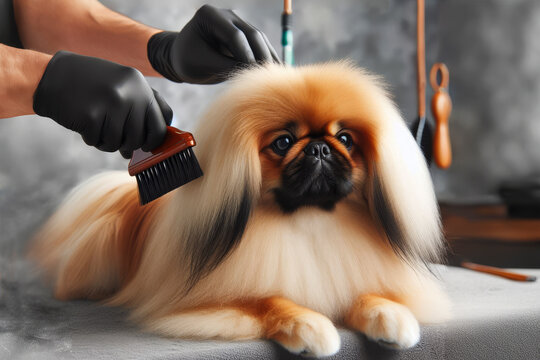 Professional grooming of a beautiful Pekingese dog. AI generated