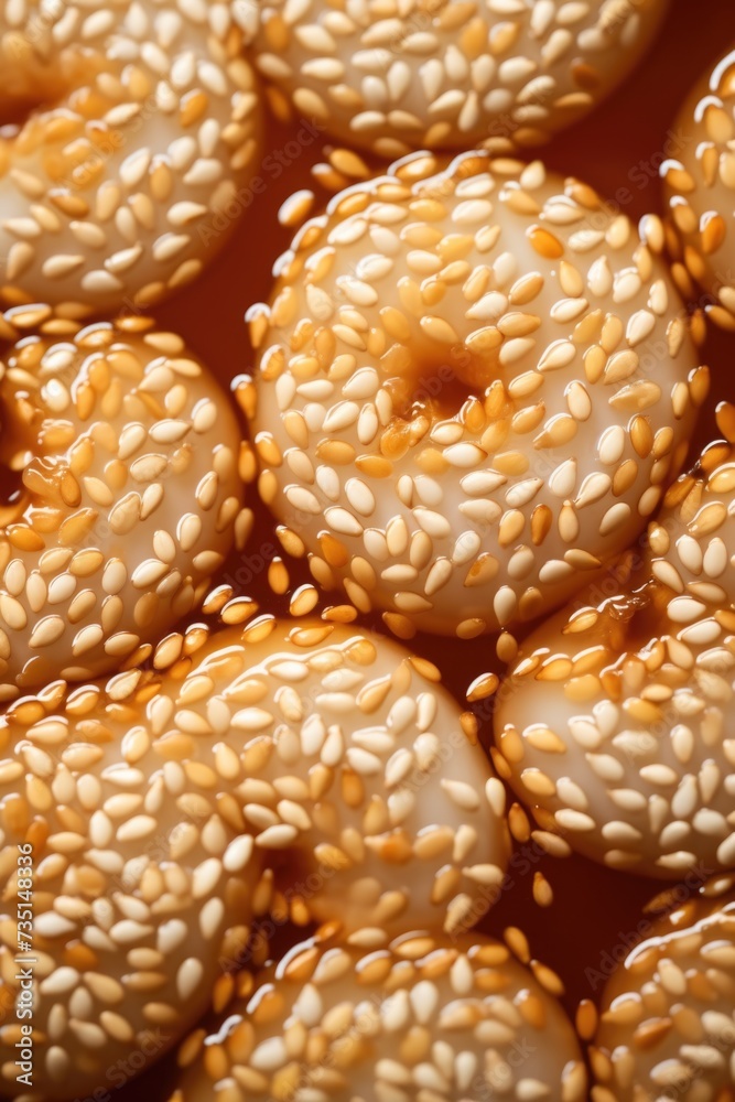 Poster a close-up view of a plate filled with delicious donuts topped with sesame seeds. perfect for food l