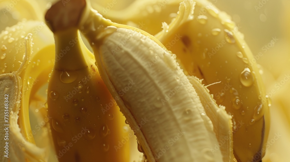 Poster a peeled banana sitting on top of a pile of bananas. suitable for various food-related projects