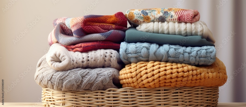 Poster stack of cozy knitted sweaters in wicker basket. creative banner. copyspace image