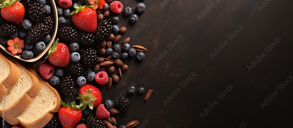 Poster Wheat bread with some chocolate spread garnished with various fresh berries overhead shot. Creative Banner. Copyspace image