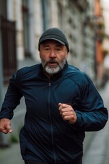 A man is captured in motion as he runs down a street wearing a hat. This image can be used to depict a fast-paced lifestyle or an active individual in an urban setting