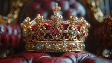 Fototapeta na wymiar the king's golden crown decorated with precious stones of different colors lies on the throne concept: royal family, reign of the king